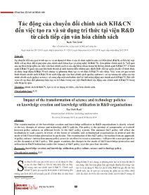 Tác động của chuyển đổi chính sách KH&CN đến việc tạo ra và sử dụng tri thức tại viện R&D từ cách tiếp cận văn hóa chính sách