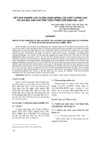 Kết quả nghiên cứu tuyển chọn giống lúa chất lượng cao và lúa đặc sản cho tỉnh Thừa Thiên Huế năm 2009 - 2011