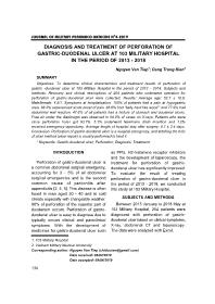 Diagnosis And Treatment Of Perforation Of Gastric-Duodenal Ulcer At 103 Military Hospital In The Period Of 2013 – 2018 – Nguyen Van Tiep