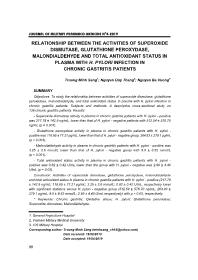 Relationship Between The Activities Of Superoxide Dismutase, Glutathione Peroxydase, Malondialdehyde And Total Antioxidant Status In Plasma With H. Pylori Infection In Chronic Gastritis Patients – Truong Minh Sang