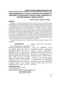 Three-dimensional thoraco-laparoscopic surgery in treatment of esophageal cancer: Initial experience at vietnam national cancer hospital – Pham Van Binh